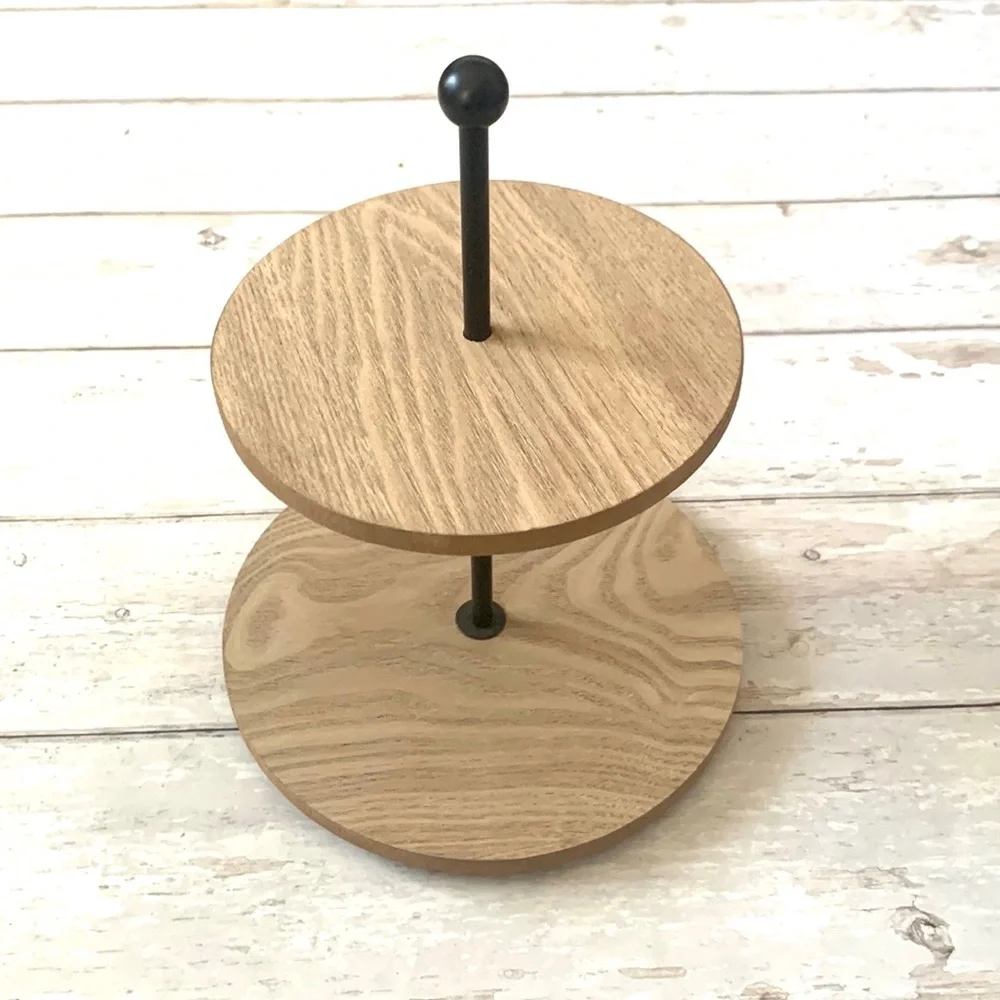 Treat Display 2 Tier Lazy Susan Wood Grain Double Layer Black Pole Turntable